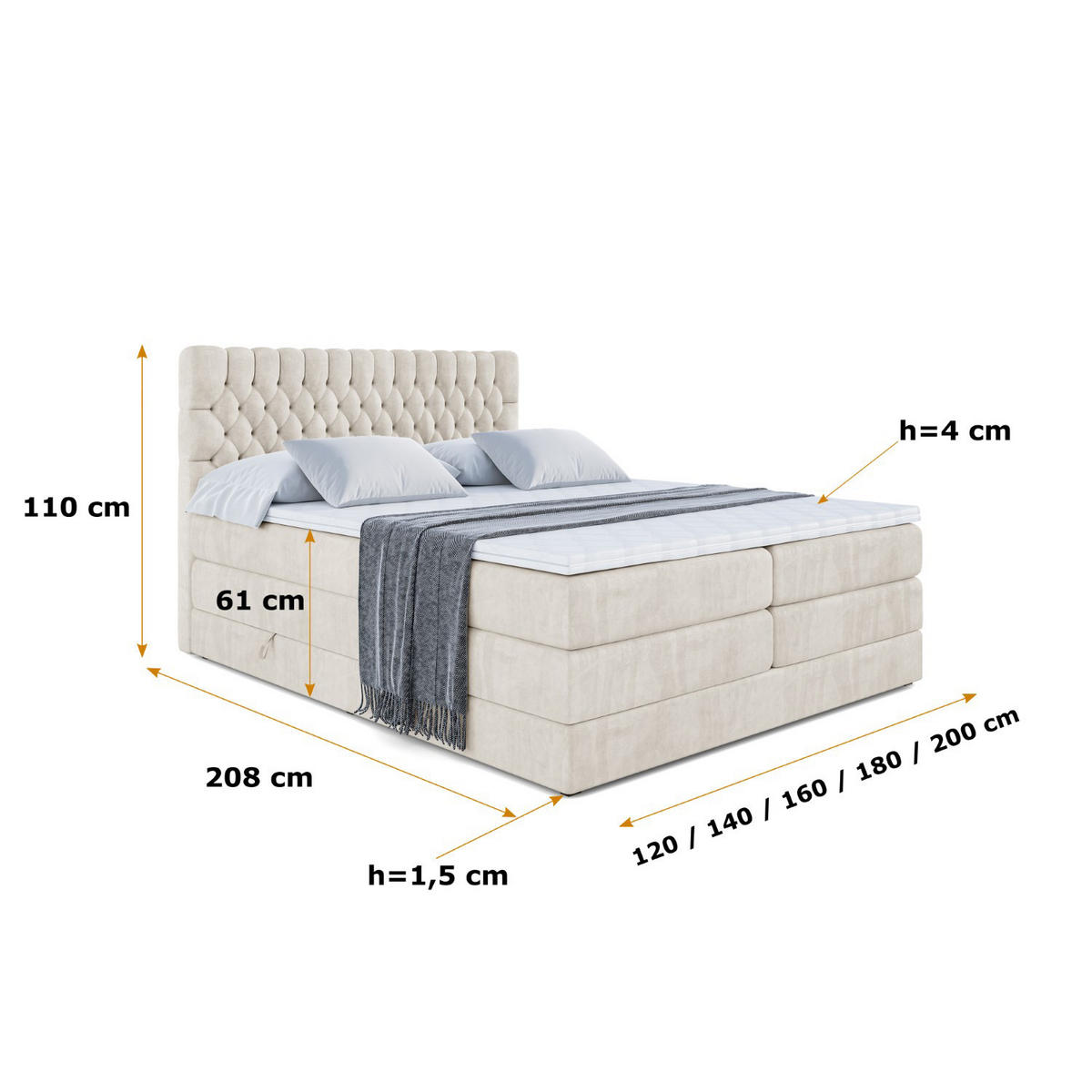 BOXSPRINGBETT SERENE KING - 200 x 200 - H3/H4 - Ecru - Ecru, Holzwerkstoff (200/200cm) - ALTDECOR