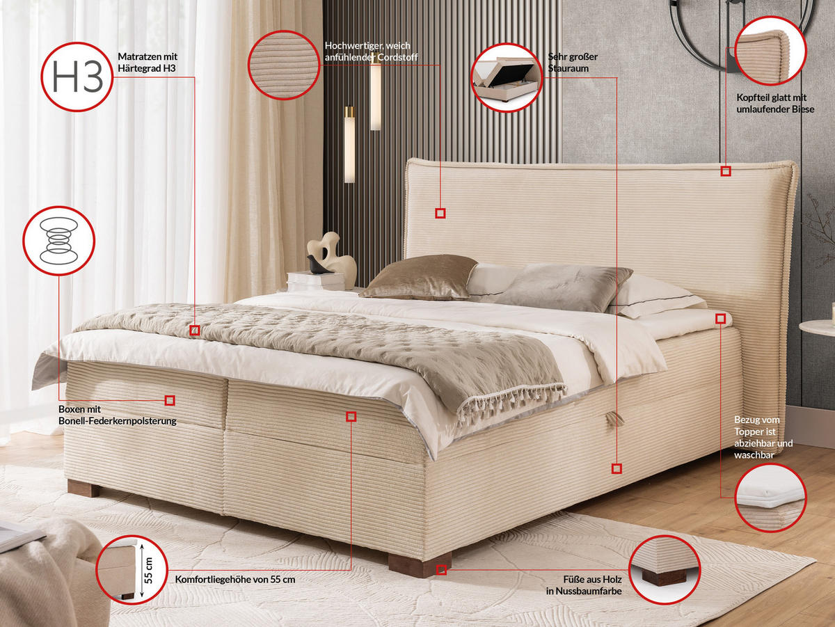 BOXBETT Lovetti II, Cord, H3 - Beige/Dunkelbraun, Holz/Kunststoff (200/160cm) - S-Style Möbel