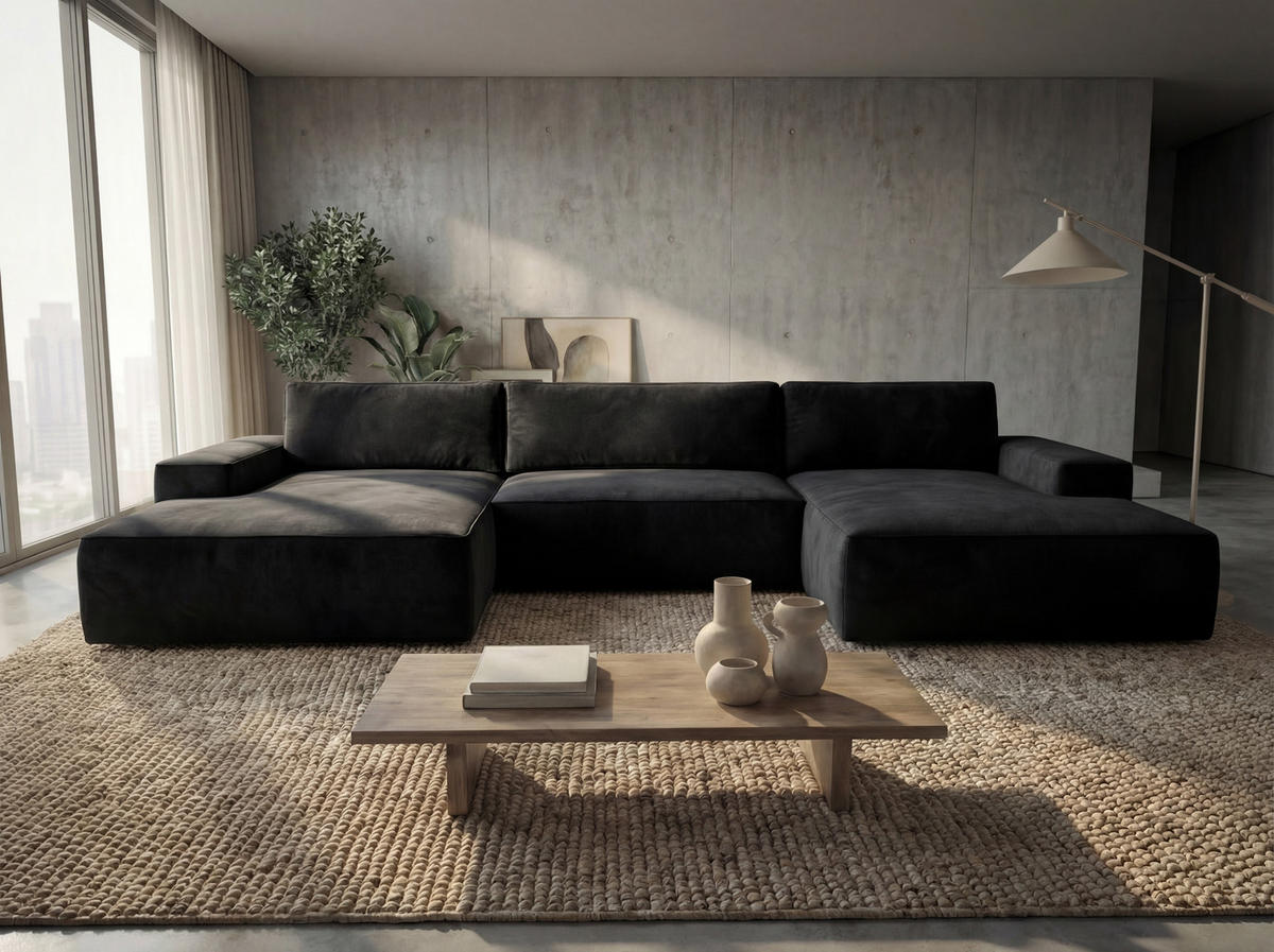 ECKSOFA EINAR 362 cm x 170 cm – Stoff: VELUTTO Schwarz 20 Farbe: Schwarz - Schwarz, Textil (362/170cm) - A&J MöbelLand