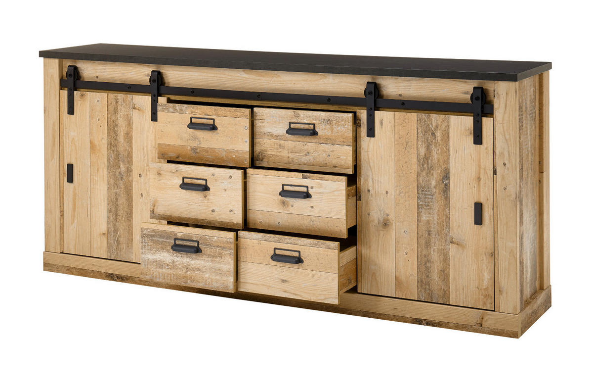 SIDEBOARD Used Wood hell, anthrazit 201 cm, Kommode mit Soft-Close - Anthrazit/Schwarz, Holzwerkstoff/Metall (201/91/43cm) - Furn.Design