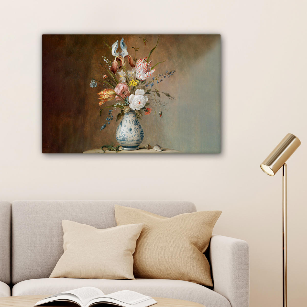 LEINWANDBILD Alte Meister - Blumen - Balthasar van der Ast Wanddeko 90x60 cm - Hellbraun, Textil (90/60cm) - MuchoWow