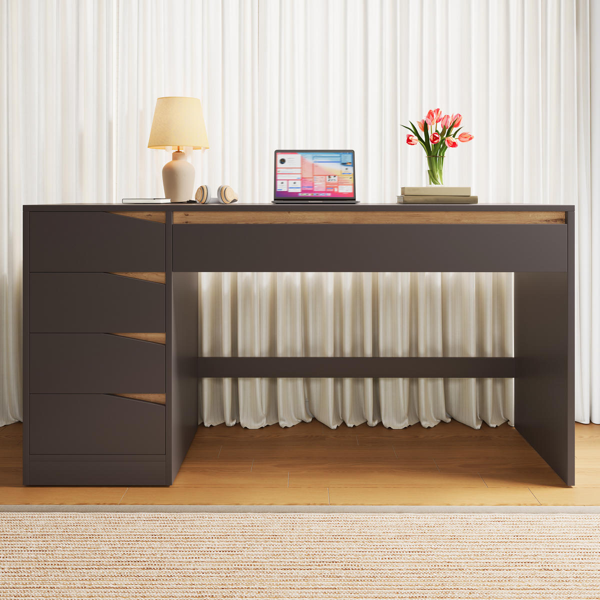SCHREIBTISCH 140x50cm 5 Schubladen Grau Eiche - Grau, Holzwerkstoff (50/140/78cm) - FLIEKS