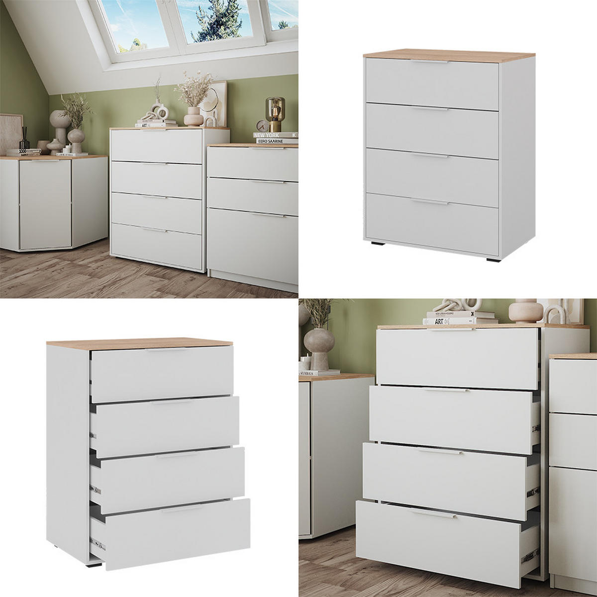 KOMMODE Betti Weiß/Sonoma 120 x 83.6 cm mit 4x Schublade - Weiß/Sonoma Eiche, Holzwerkstoff (30/83.6/120cm) - Vicco