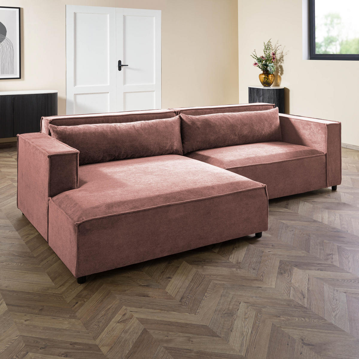 ECKSOFA Ottomane links Geflechtstoff 266x150x80 rosa FINN - Rosa, Textil (150/266cm) - Massivmoebel24