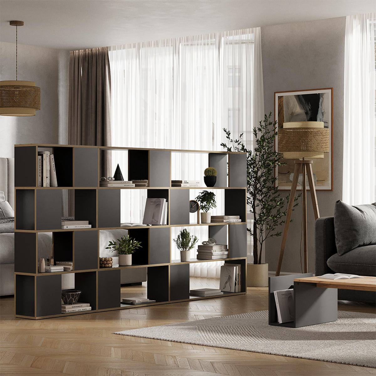 RAUMTEILER Eneos Anthrazit/Eiche 80 x 124.5 cm - Eichefarben/Anthrazit, Holzwerkstoff (80/124.5/24cm) - Vicco