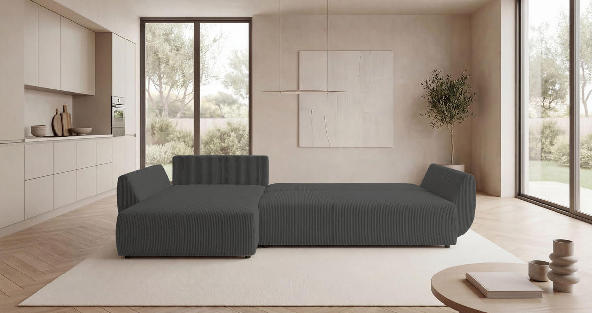 ECKSOFA SYDNEY links dunkelgrau Cord Poso 60 - Schlaffunktion, Bettkasten - Anthrazit, Textil (280/174cm) - Cornero