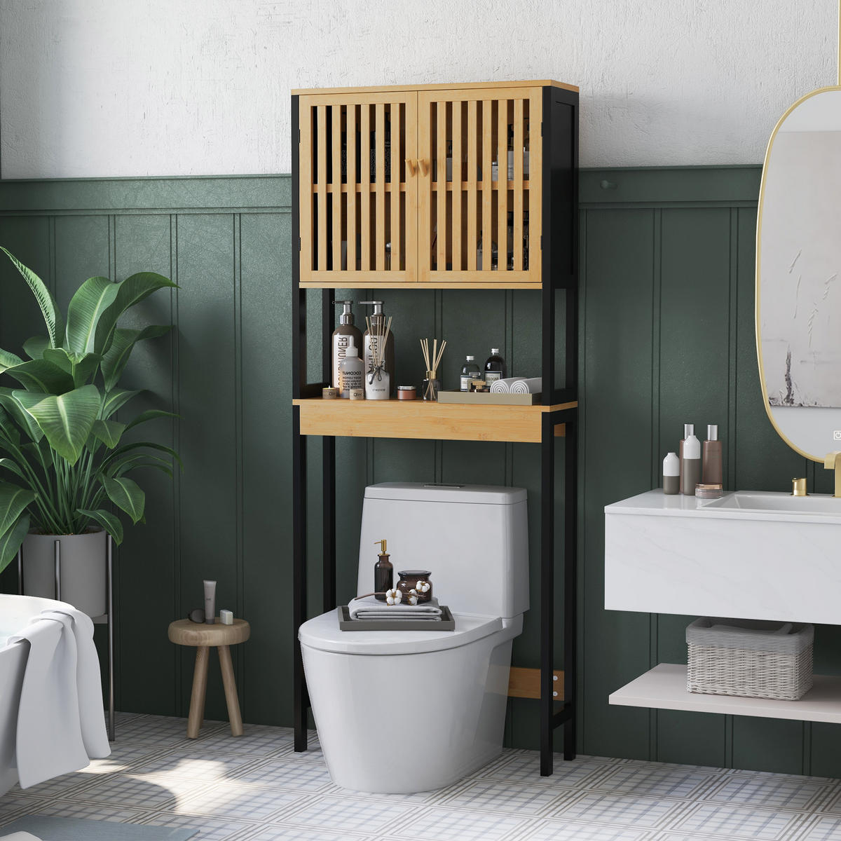 BADEZIMMERREGAL DE-15883 mit 2 Türen & offenem Fach Bambus - Naturfarben, Holzwerkstoff (21.5/172/60cm) - ComfortXL