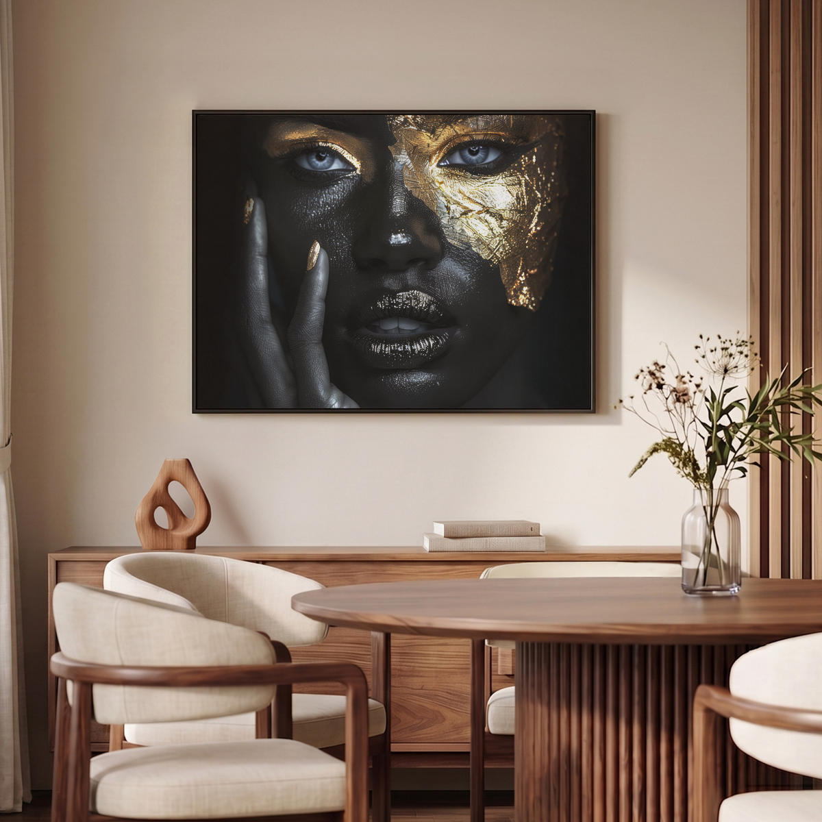LEINWAND Bilder mit Rahmen - Frau - Gold - Porträt - Schwarz-Weiß - Luxus - 100x70 - Hellblau, Textil (100/70cm) - MuchoWow