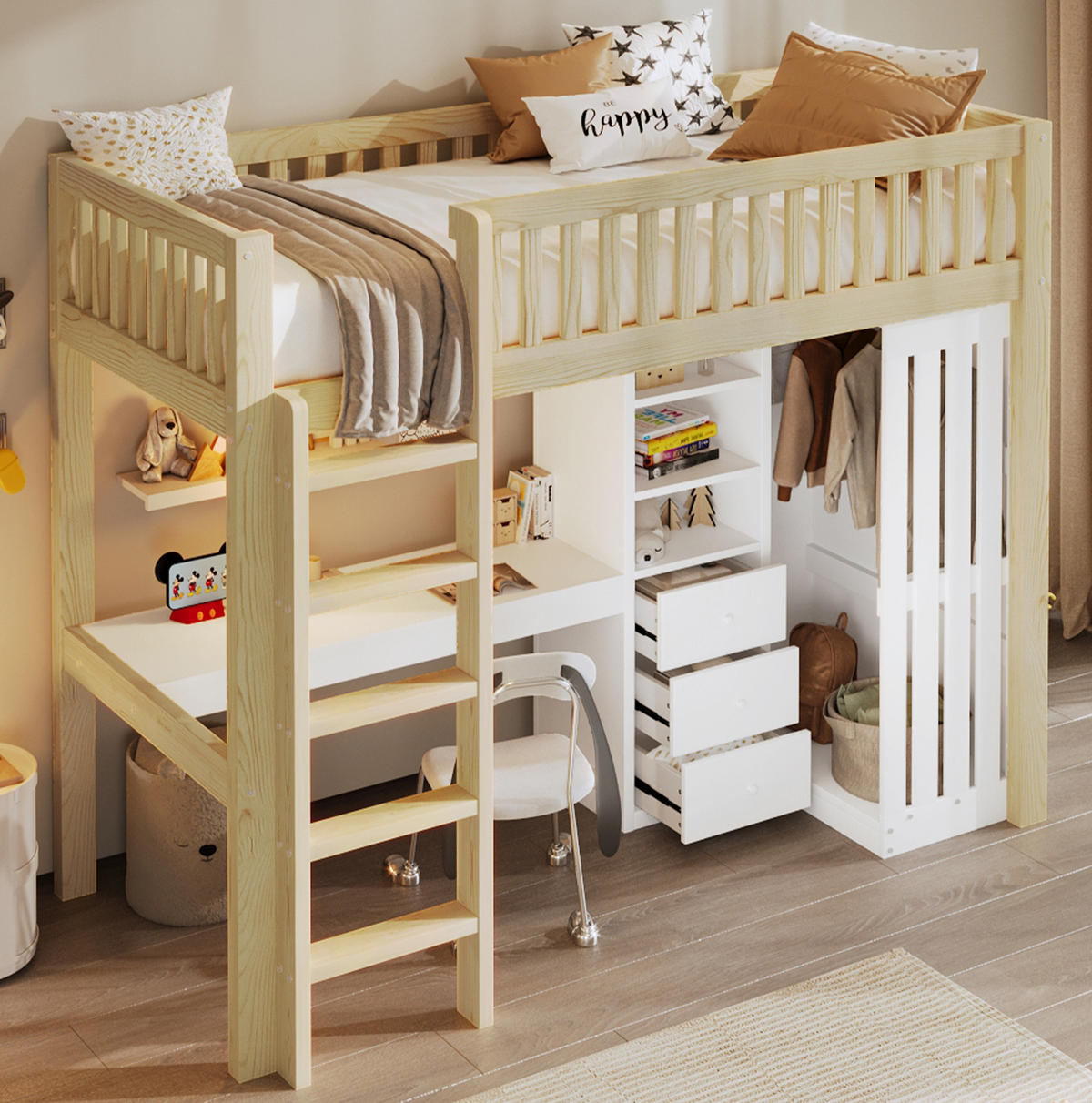 HOCHBETT 90/200 cm mit Schreibtisch, Kleiderschrank, 3 Schubladen und Treppe aus Kiefernholz, Natur - Naturfarben, Holz (90/200cm) - Redom