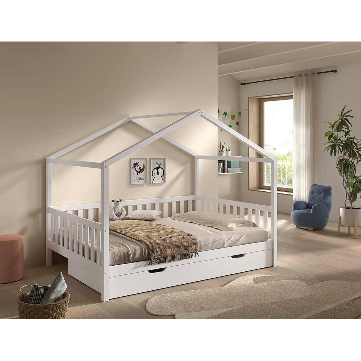 HAUSBETT Kapua 140x200 mit Bettschublade Kiefer Massivholz Weiß - Weiß, Holz (140/200cm) - 58aufmkessel