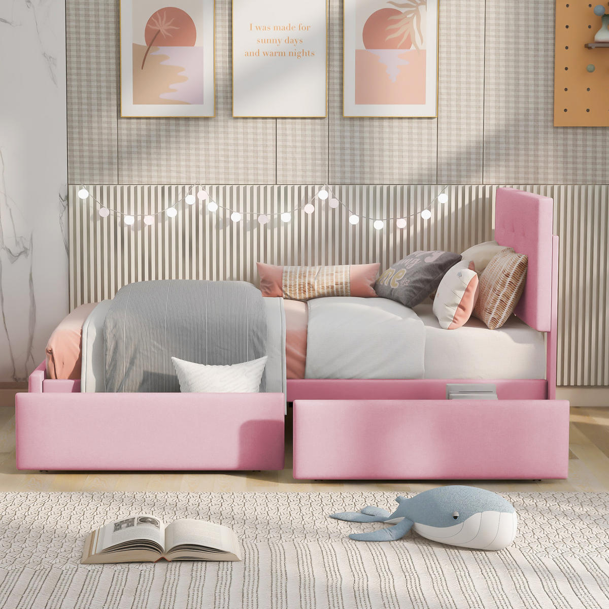 DĚTSKÁ postýlka s úložnými zásuvkami 90/200 cm růžová, čalouněná sametem - růžová, textil (90/200cm) - BEAOK