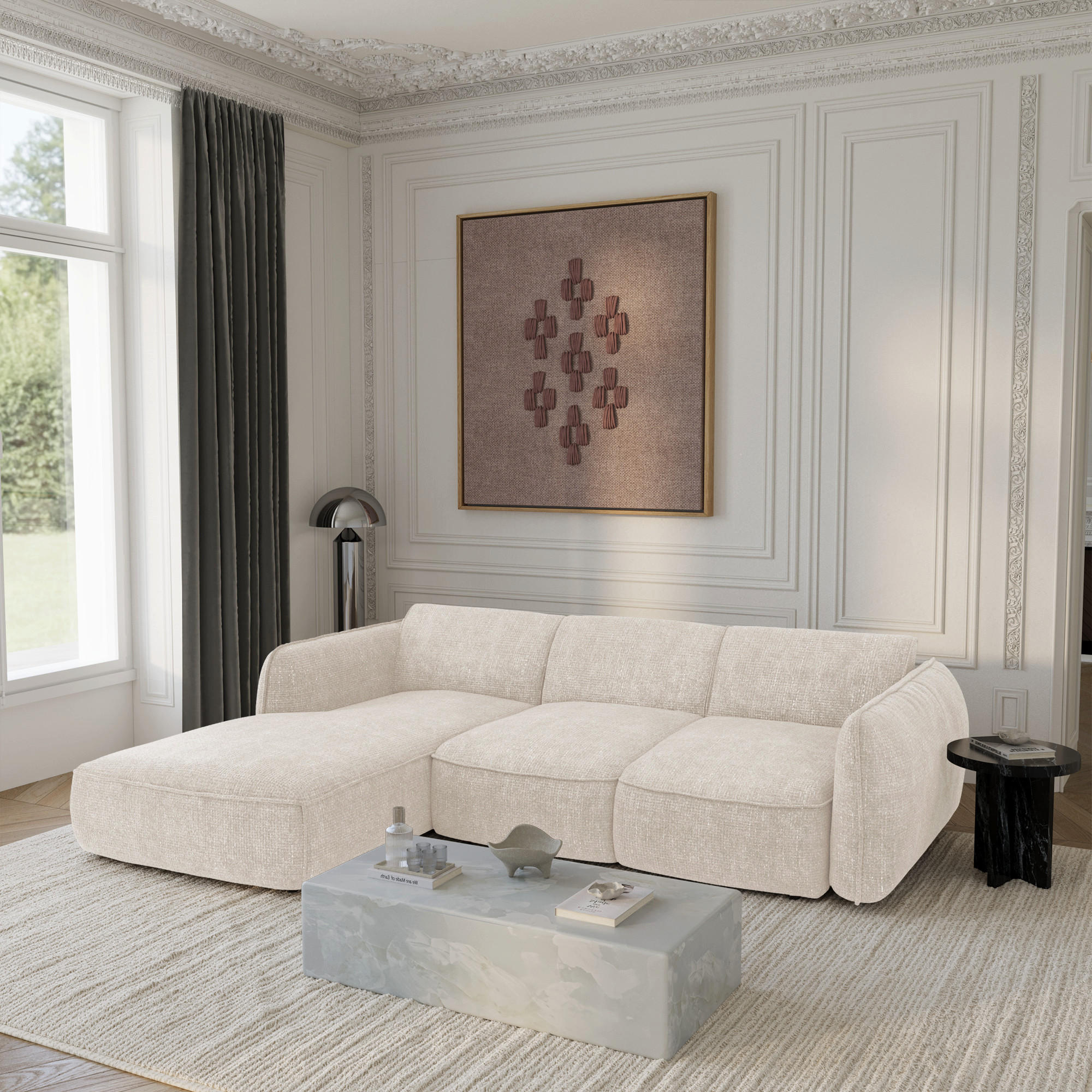 ECKSOFA RECHTS Rastervelours 274cm - Creme, Textil (274/174cm) - Sia Home