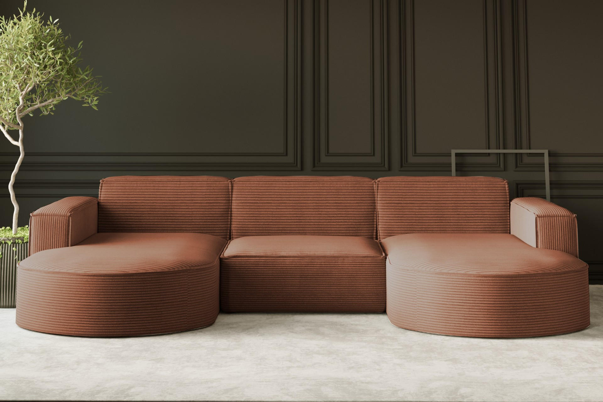 ECKSOFA Designer MODENA U STUDIO Stoff Dicker Cord Ziegel - Kupferfarben, Holz (165/299cm) - Kaiser Möbel