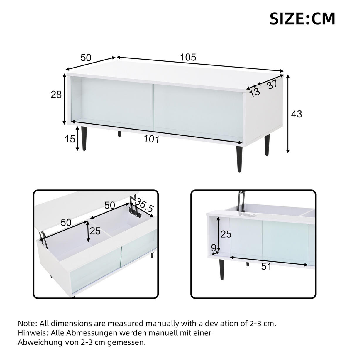 COUCHTISCH höhenverstellbar 105 x 50 x 43 cm Weiß mit LED und Stauraum - Weiß, Holzwerkstoff (105/50/43cm) - Meubliv