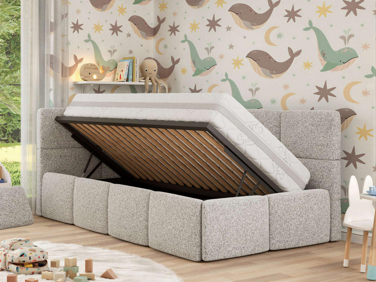 DĚTSKÁ POSTEL ARVO ALTA 90/200 - Světle šedá Strukturovaná látka - Vlevo - světle šedá, textil (90/200cm) - MKS