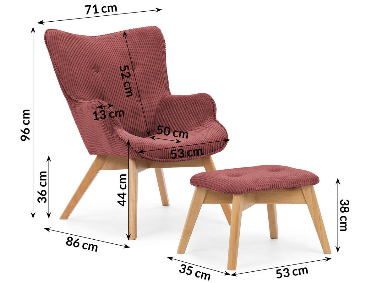 LOUNGESESSEL mit Fußhocker Lenari Terrakotta Cordstoff mit Füßen in Natur - Terra cotta/Naturfarben, Holz/Textil (71/96/86cm) - S-Style Möbel