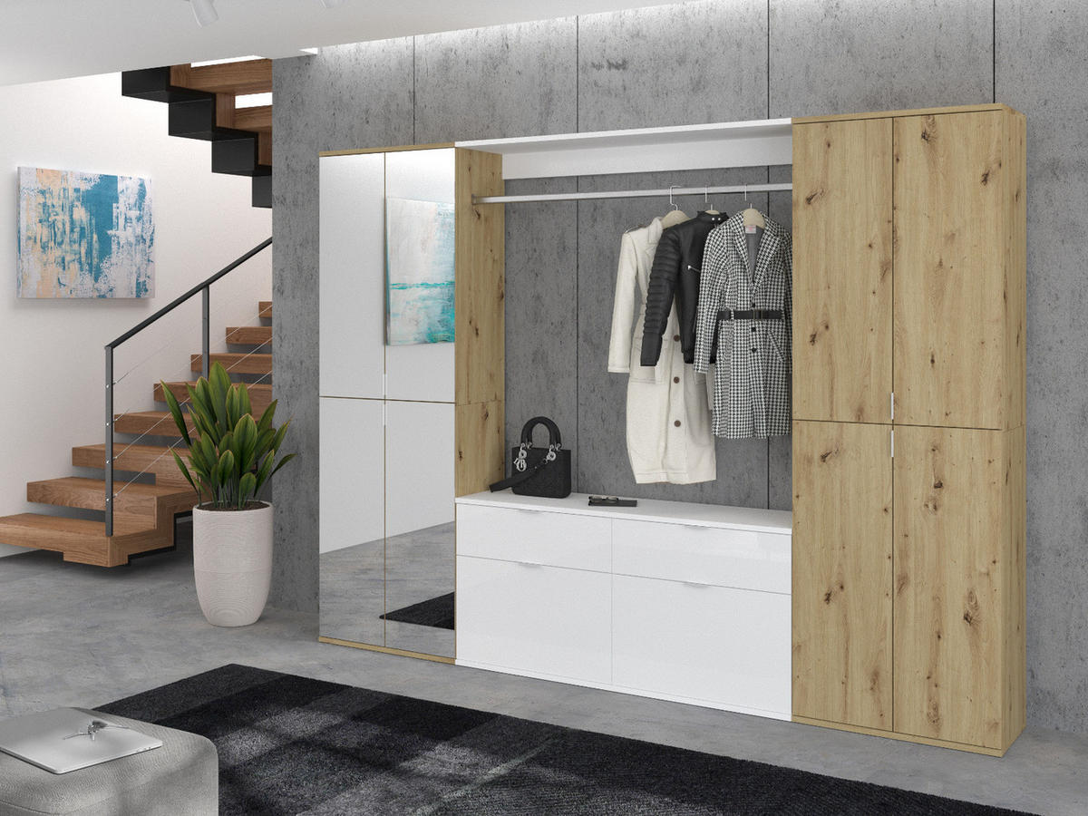 GARDEROBE Eiche Artisan, weiß Hochglanz 243 cm, Set mit viel Stauraum - Chromfarben/Weiß Hochglanz, Glas/Holzwerkstoff (243/193/34cm) - Inn.Furn