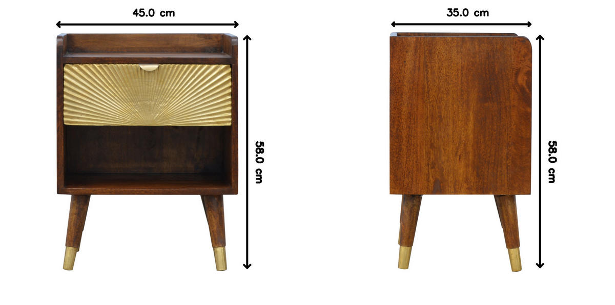 NACHTTISCH aus Massivholz, 1 Schublade, 1 Offenes Fach, Nordische Beine, Braun und Goldfarben - Messingfarben/Braun, Holz/Metall (45/58/35cm) - Artisan Furniture