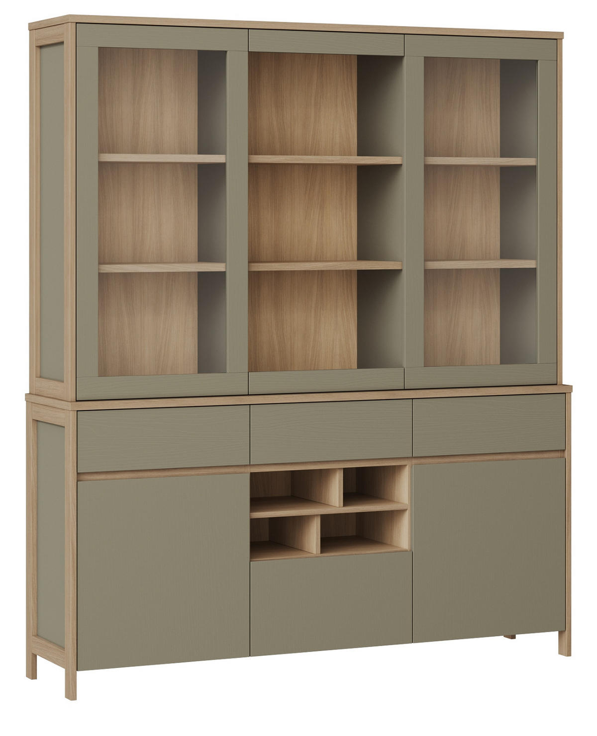 BUFFET Salbei grün, Eiche, Vitrinenschrank skandinavisch 164 x 195 cm, Soft-Close - Salbeigrün/Eichefarben, Glas/Holzwerkstoff (164/195/39cm) - Furn.Design