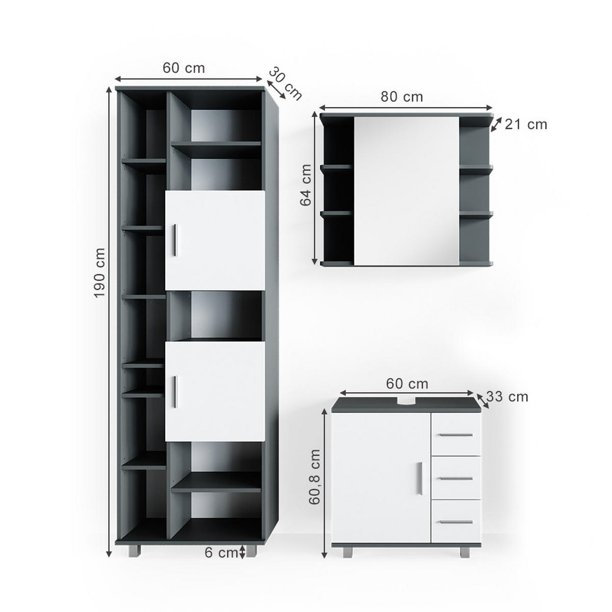 BADMÖBEL-SET Ilias Anthrazit 3 Teile, mit Unterschrank 60 cm - Anthrazit/Weiß, Holzwerkstoff (60/60.8/33cm) - Vicco