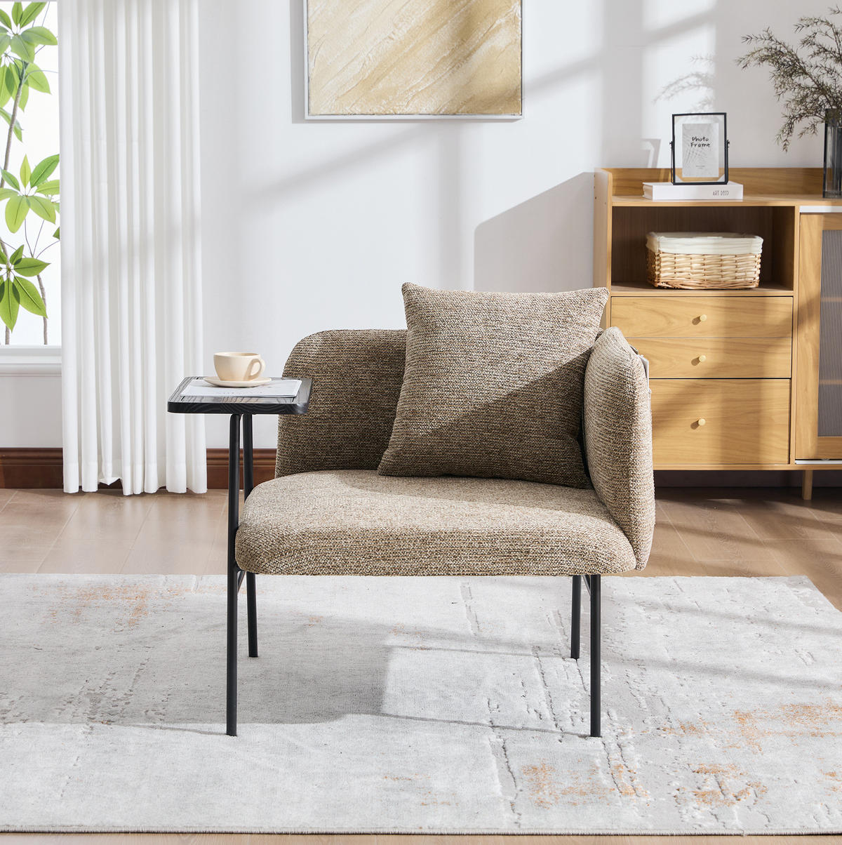 SESSEL 86/72/71 cm khaki aus Chenille mit Beistelltisch und Seitentaschen - Sandfarben, Textil (72/71/86cm) - OKWISH