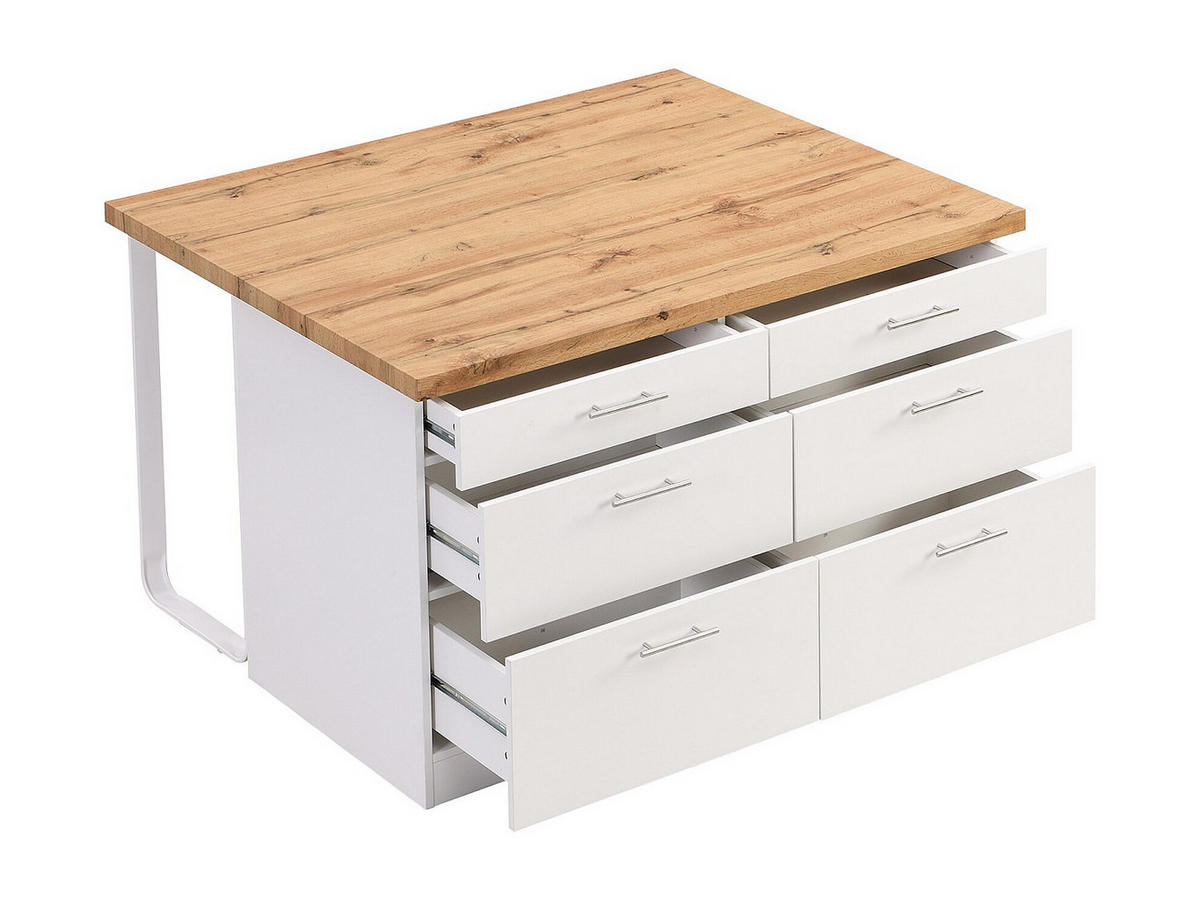 KÜCHENINSEL mit 6 Schubladen aus MDF & Metall - Weiß & Holzfarben hell - ALEGRITA - Naturfarben, Holz (126/80/104cm) - Vente-Unique