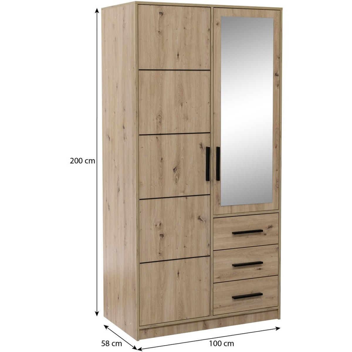 DREHTÜRENSCHRANK Kavo mit Spiegel und 2 Türen, eiche Sonoma - Schwarz/Sonoma Eiche, Holzwerkstoff (100/200/58cm) - Beautysofa