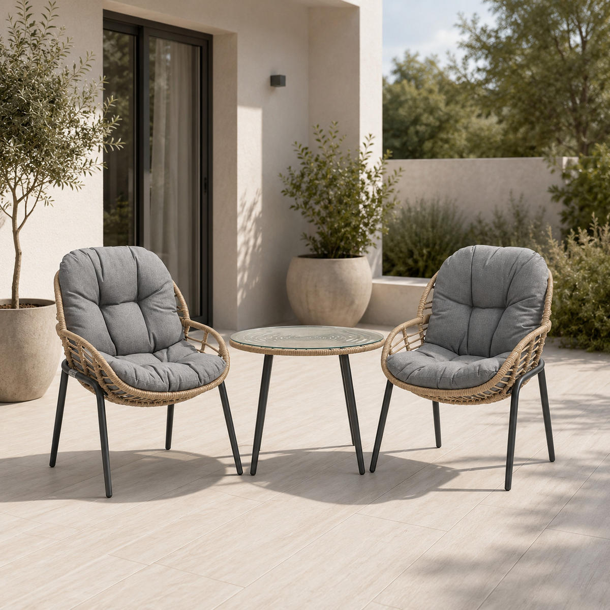 GARTENMÖBEL-SET mit 1 Beistelltisch und 2 Esszimmerstühlen. schwarz. grau und Eiche natur - Schwarz/Naturfarben, Metall - Home Collective