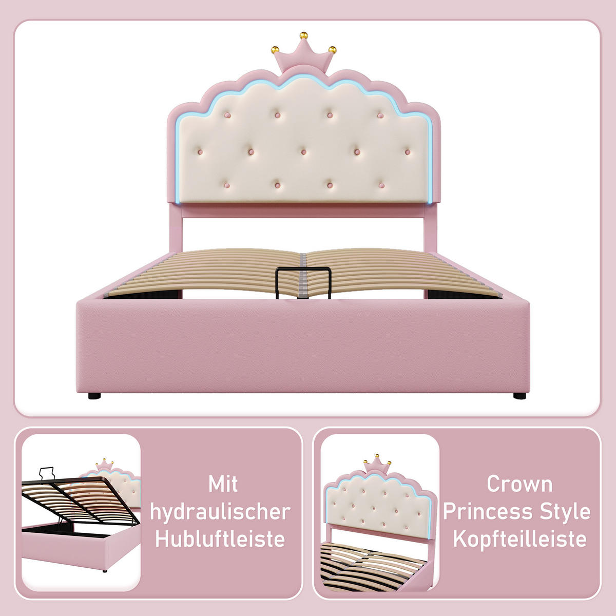 POLSTERBETT 140x200cm Rosa PU Kronprinzessinnenform Hydraulik LED-Licht - Pink, Holz (140/200cm) - FLIEKS