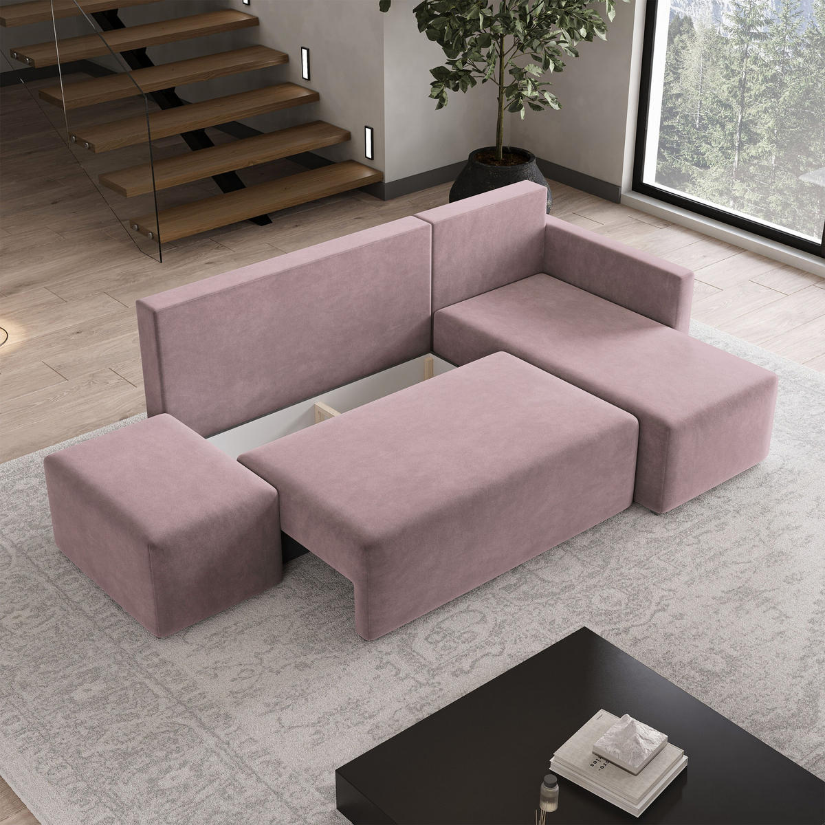 ECKSOFA VELOTTI R-S Rosa Plüsch-Stoff mit Schlaffunktion - Rosa, Holz (261/143cm) - MASSENO