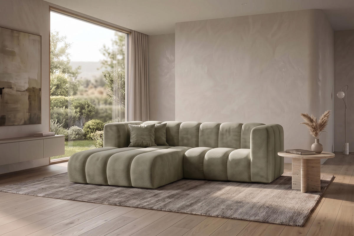 ECKSOFA Modulares In L-Form, Velvet-Stoff Riviera, Beige, Links, GRAND - Beige, Holz (227/179cm) - Kaiser Möbel