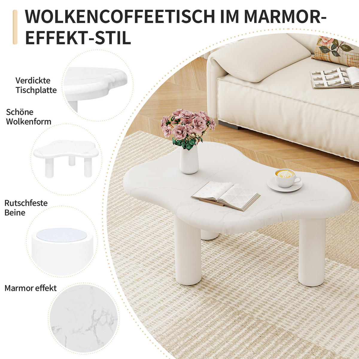 COUCHTISCH 91/62/40 cm in Wolkenform mit abgerundeten Kanten und pflegeleichter Marmoroptik, Weiß - Weiß, Holzwerkstoff (90.8/62.5/40cm) - Redom