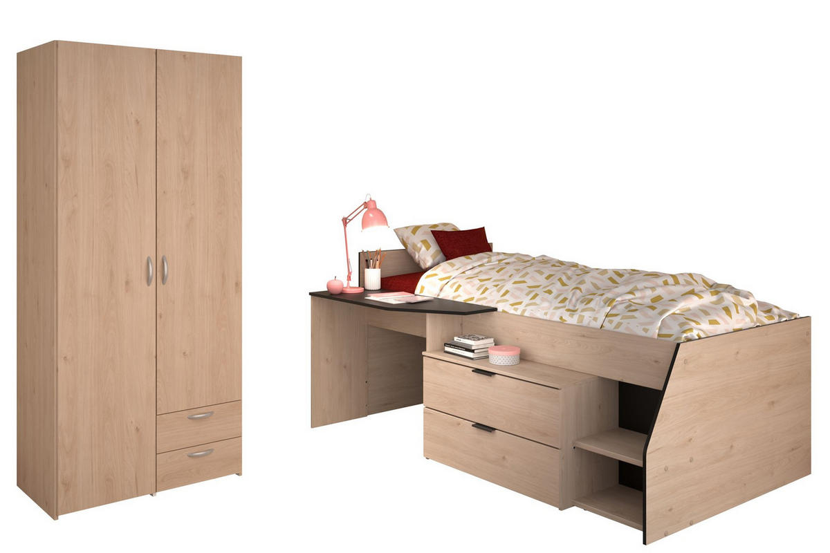 KINDERZIMMER SET Parisot Milky 2-tlg. Holzdekor Weiß/Eiche - Eichefarben/Schwarz, Kunststoff (100/1/200cm) - 58aufmkessel