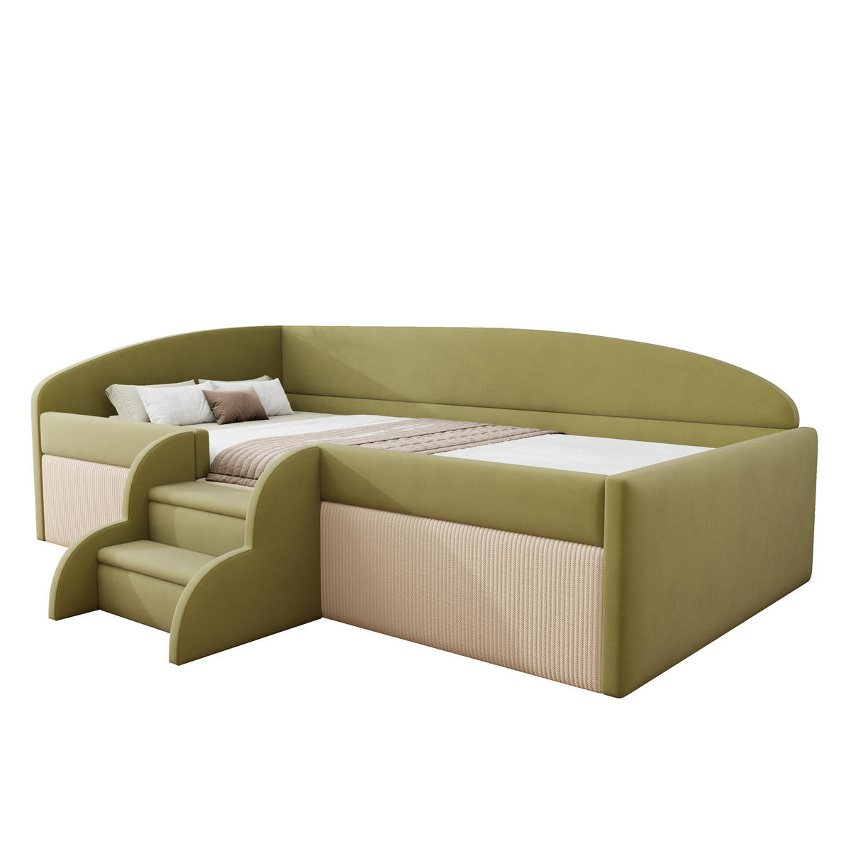 KINDERBETT 90/190 cm Dunkelgrün Cremeweiß Multifunktionsbett mit Stufen und Zäunen - Grün, Textil (90/200cm) - OKWISH