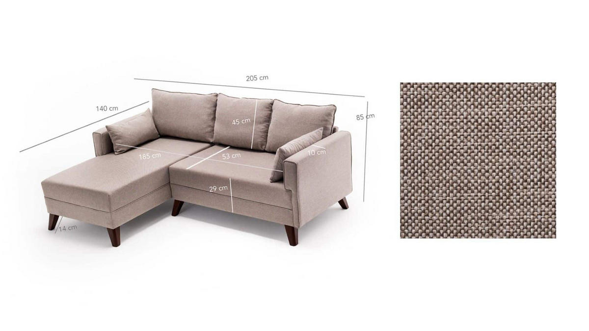 ECKSOFA mit Hocker als Schlaffläche, perfekt für kleine Räume - Walnussfarben/Creme, Holz/Kunststoff (205/140cm) - myHomelando