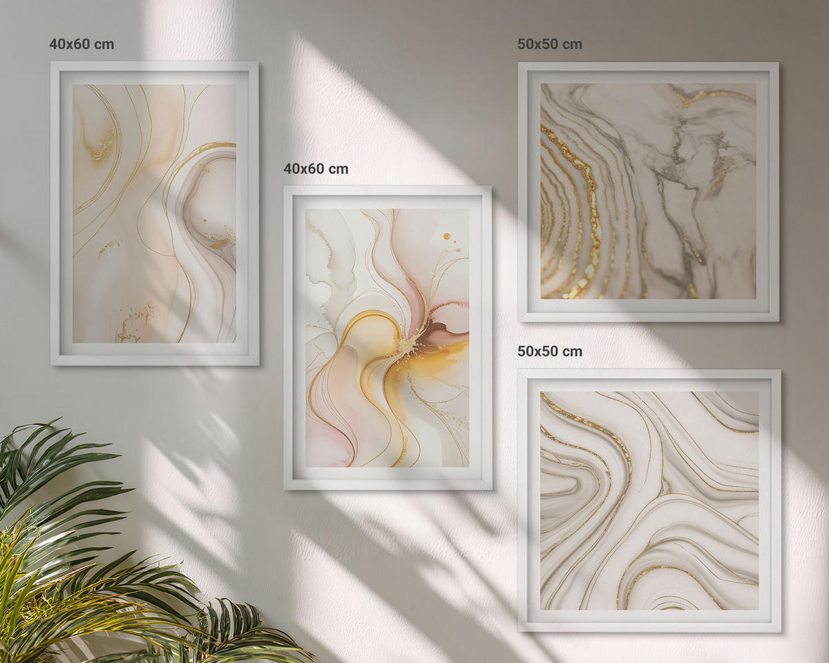 WANDBILDER 4er-Set - 50x50 cm & 40x60 cm Weißer Rahmen - Abstrakte warme Muster - Weiß, Kunststoff (50/50cm) - ArtPrintCave