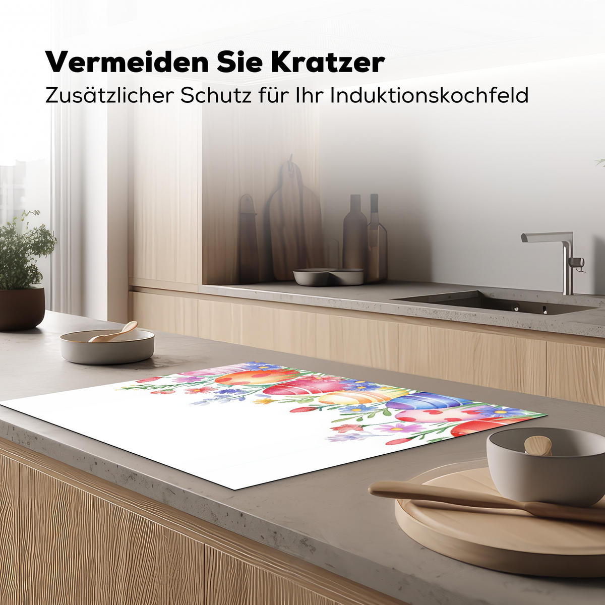 HERDABDECKPLATTE Blumengarten - Bunt - Eier Induktionsmatte 77x59 cm - Weiß, Kunststoff (77/59/0.2cm) - MuchoWow