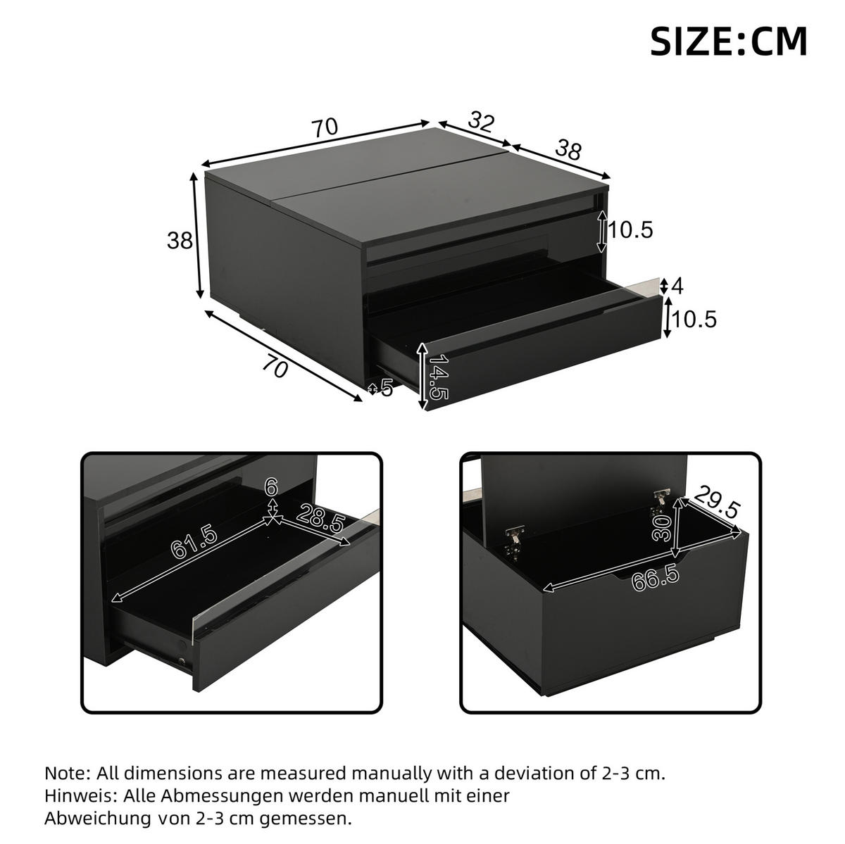 COUCHTISCH aus Spanplatte 70x70x38 cm in Schwarz mit LED & Stauraum - Schwarz, Holzwerkstoff (70/70/38cm) - Modfu