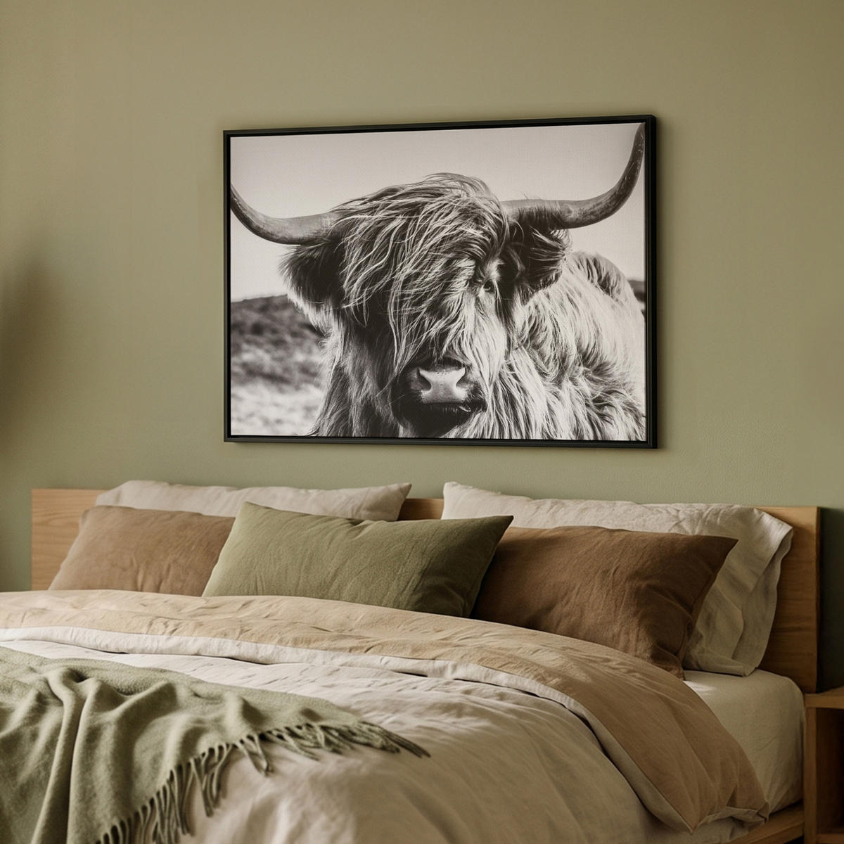 LEINWAND Bilder mit Rahmen - Kuh - Schottischer Hochländer - Schwarz - Weiß - Tier - Natur - Wildtiere - 70x50 - Schwarz, Textil (70/50cm) - MuchoWow