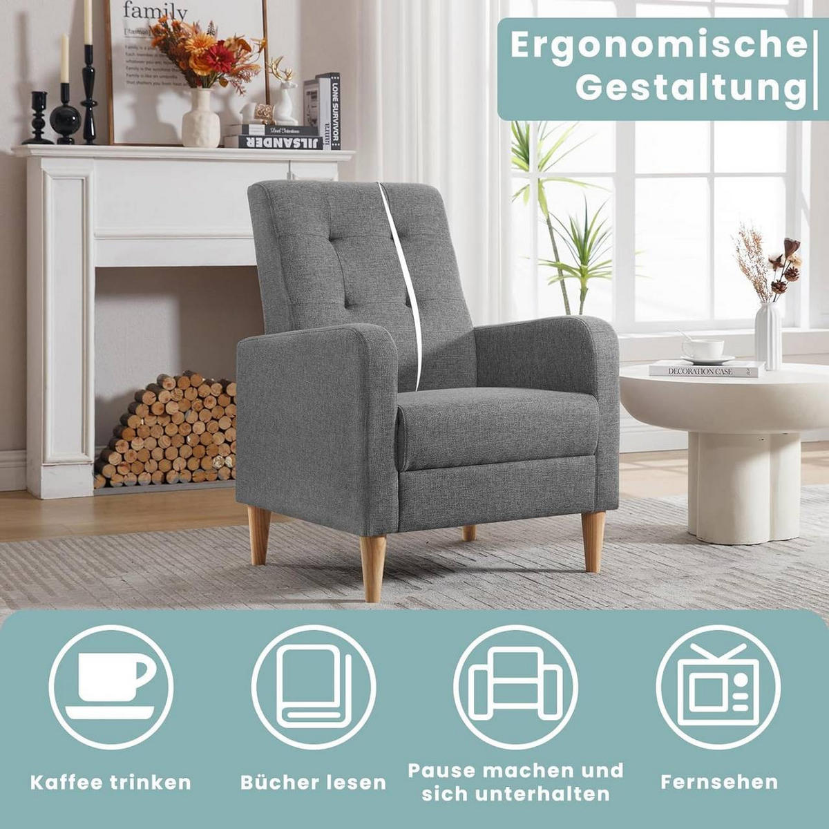 RELAXSESSEL mit Massivholzbeinen, Leinen, Dunkelgrau - Dunkelgrau, Holz/Holzwerkstoff (68/90.5/76cm) - Woltu