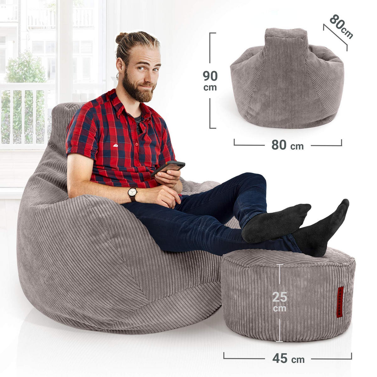 LOUNGE-SITZSACK Cozy + Fußhocker - Hellgrau, Textil (80/90/90cm) - Green Bean