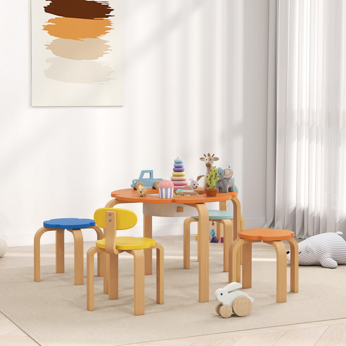 KINDERTISCH Holz mit 4 Stühlen, integriertem Stauraum, für 3-8 Jahre Kinder Bunt - Multicolor, Holz (69/45/69cm) - AIYAPLAY