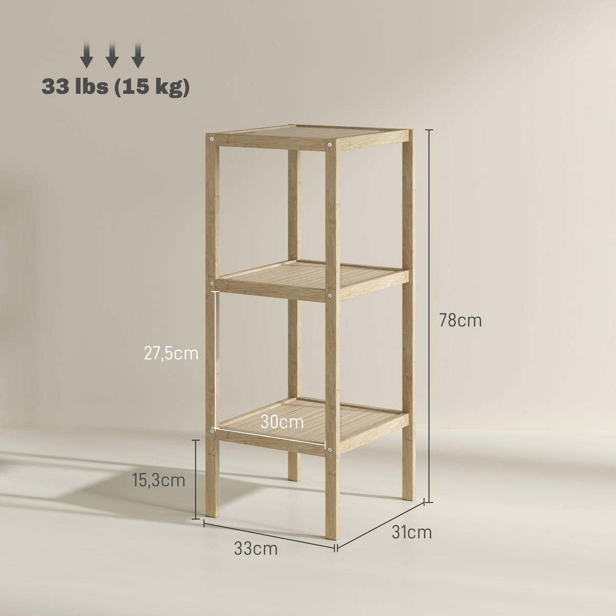 BADEREGAL, Badezimmerregal mit 3 Ebenen, 33 x 31 x 78 cm, Naturholz - Naturfarben, Naturmaterialen (31/78/33cm) - HOMCOM