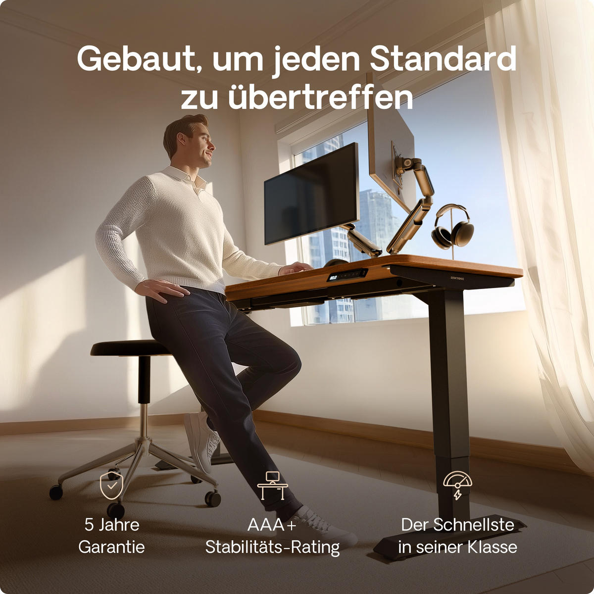 SCHREIBTISCH Elektrisch Höhenverstellbarer HomePro 160x80cm Schwarz/Walnuss mit Memory-Funktion, Anti-Kollisions Technologie - Walnussfarben/Schwarz, Holzwerkstoff (80/160/62cm) - Desktronic