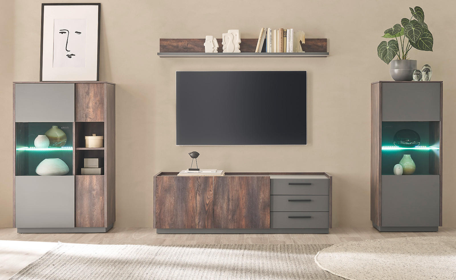 WOHNWAND Thermo Eiche, grau, Wohnkombination 4-teilig mit Soft-Close 327 cm - Eichefarben/Grau, Holzwerkstoff (327/170/45cm) - Furn.Design