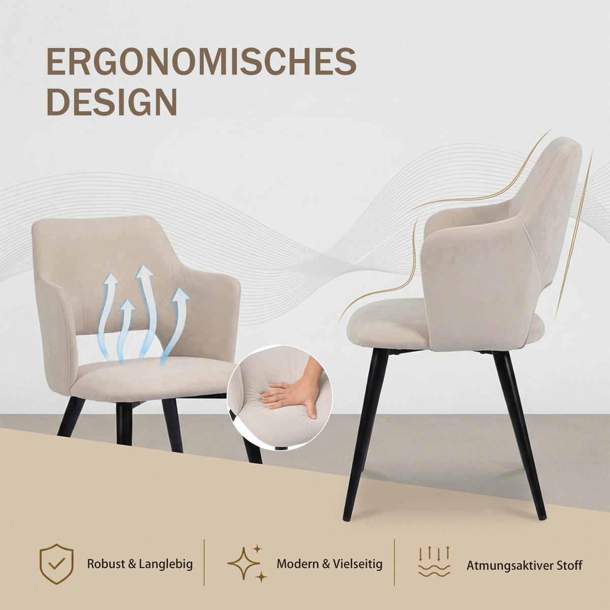ESSZIMMERSTÜHLE 4er-Set, Skandinavisches Design, mit Armlehnen und gepolsterter Sitzfläche, Stoffbezug, Beige - Beige, Textil/Metall (46/81/45cm) - Meubles Cosy