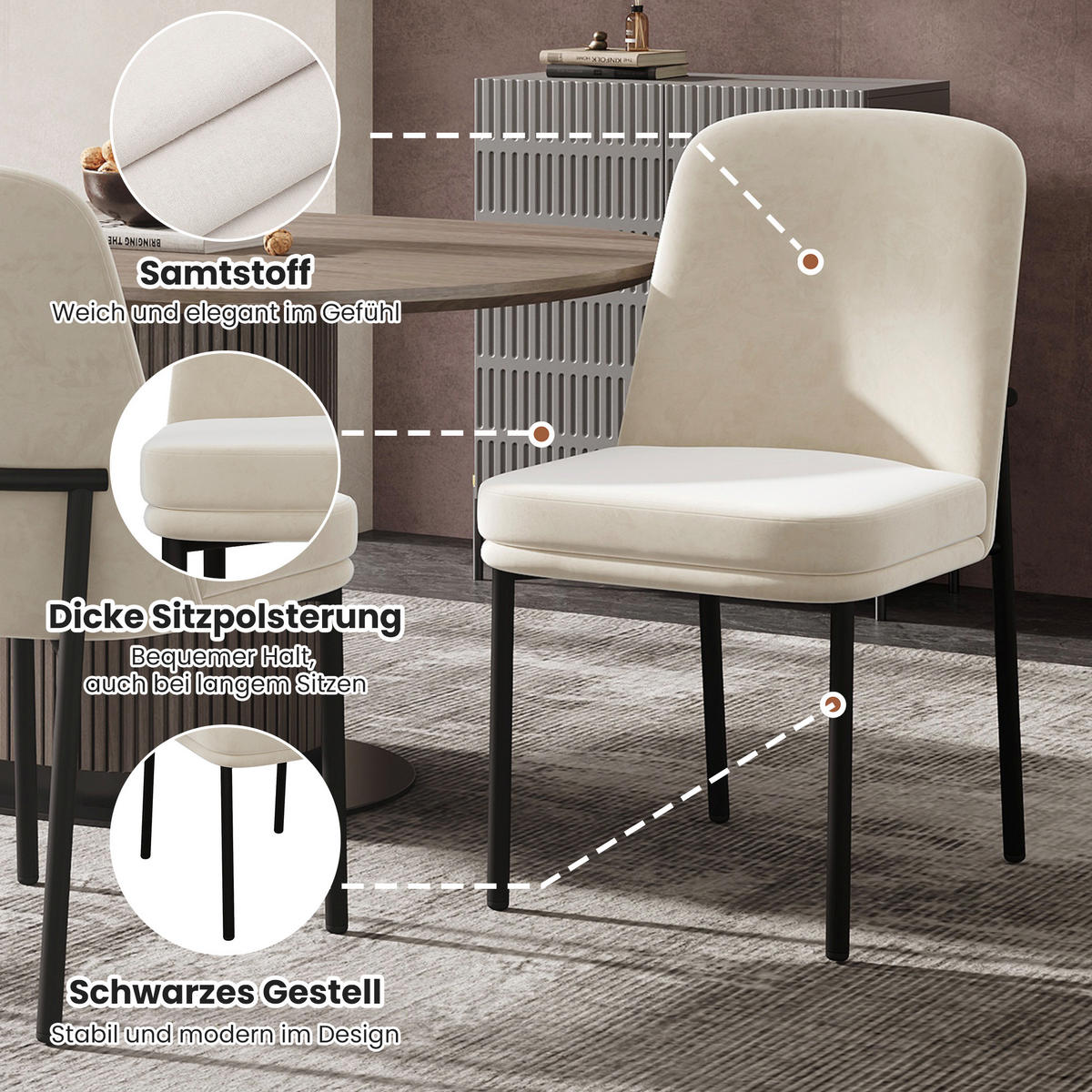 ESSZIMMERSTUHL 4er Set Samt Beige Metallbeine Schwarz Rahmen - Beige, Textil (53/82/42.5cm) - FLIEKS