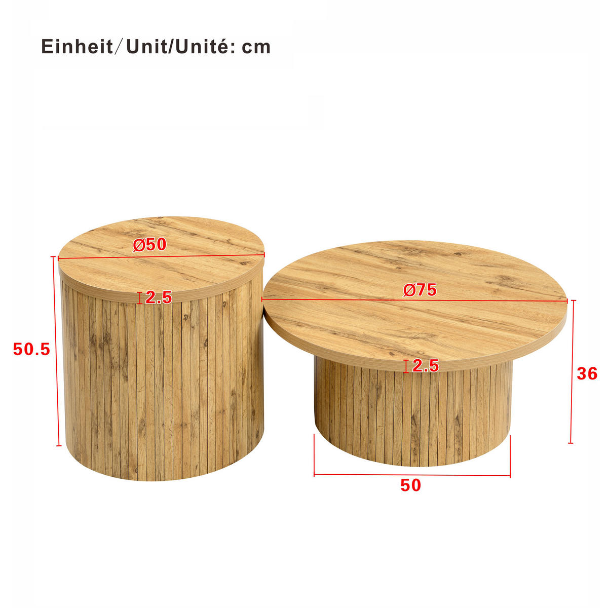 COUCHTISCH in Naturfarben Wohnzimmertisch- Set mit 2 runden Tischen, B75/T75/H36cm und B50/T50/H50.5cm - Naturfarben, Holzwerkstoff (75/75/50.5cm) - STILVORA