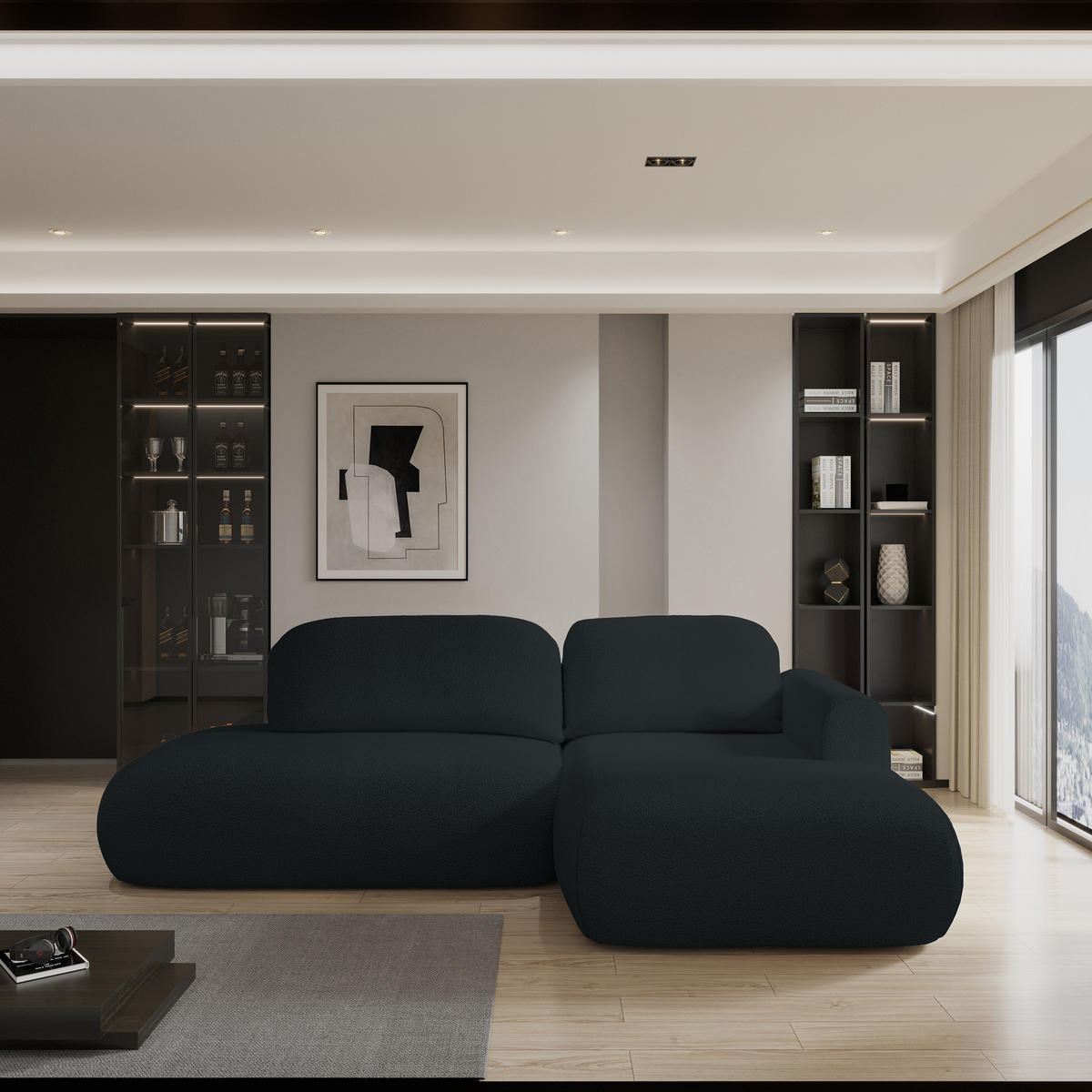 ECKSOFA NUVIRA R-S Schwarz Boucle-Stoff mit Schlaffunktion - Schwarz, Holz (274/165cm) - MASSENO