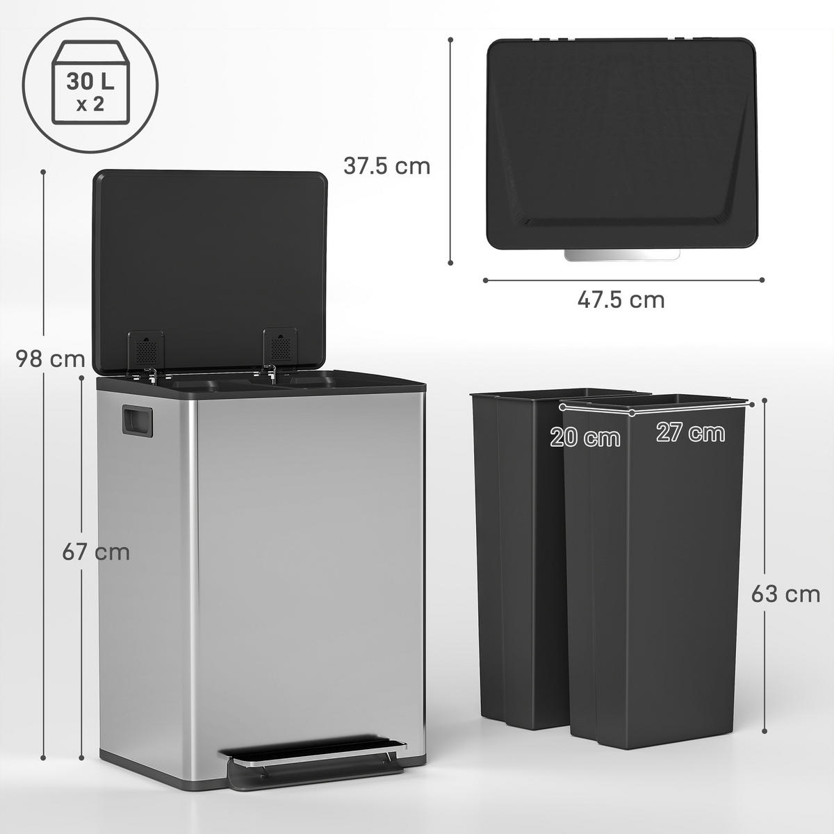 TRETEIMER mit 2 Fächern Silber 60 L 47,5/37,5/67 cm - Silberfarben, Metall (47.5/67/37.5cm)
